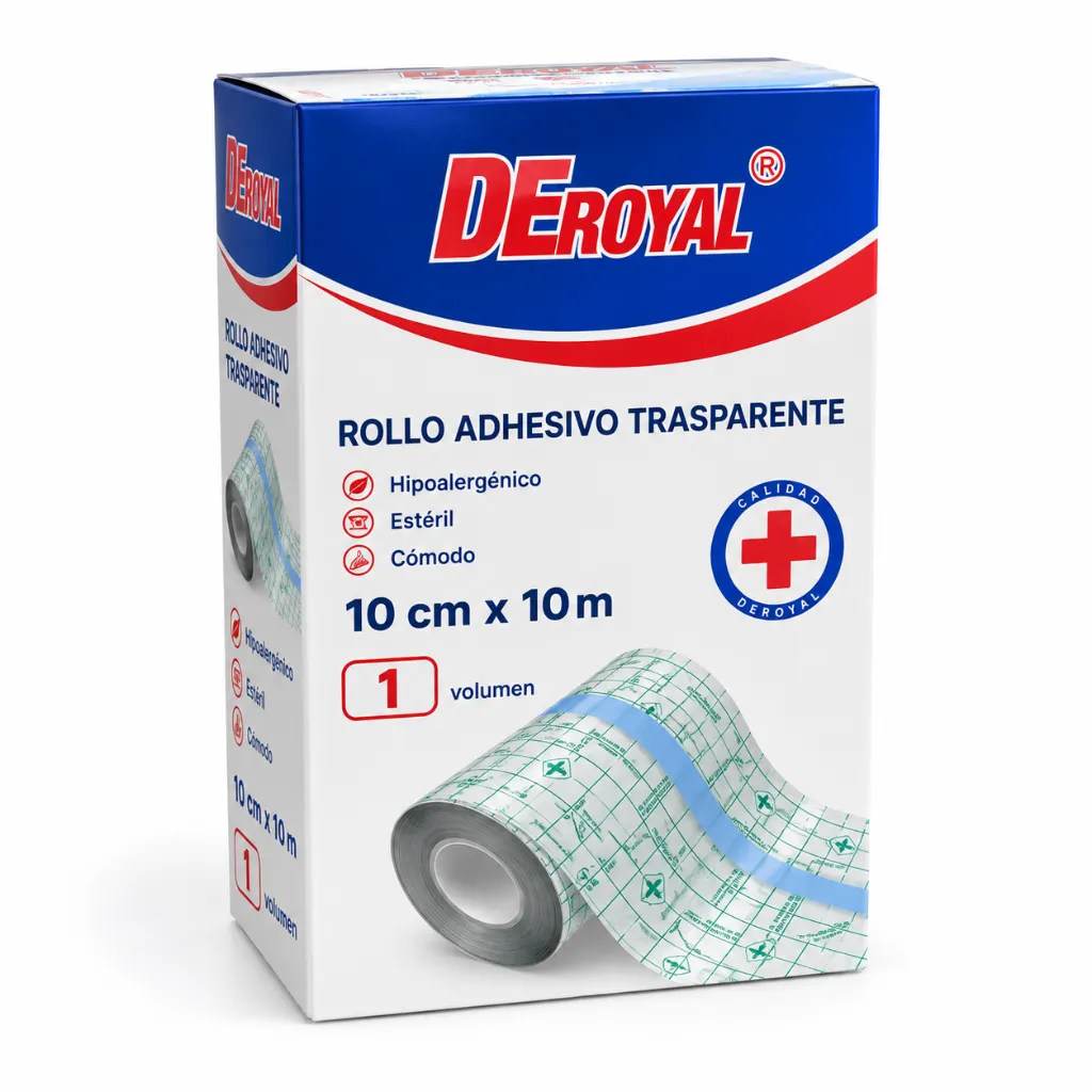 Parche Impermeable Transparente Rollo 10 cm x 10 m DeRoyal caja.webp