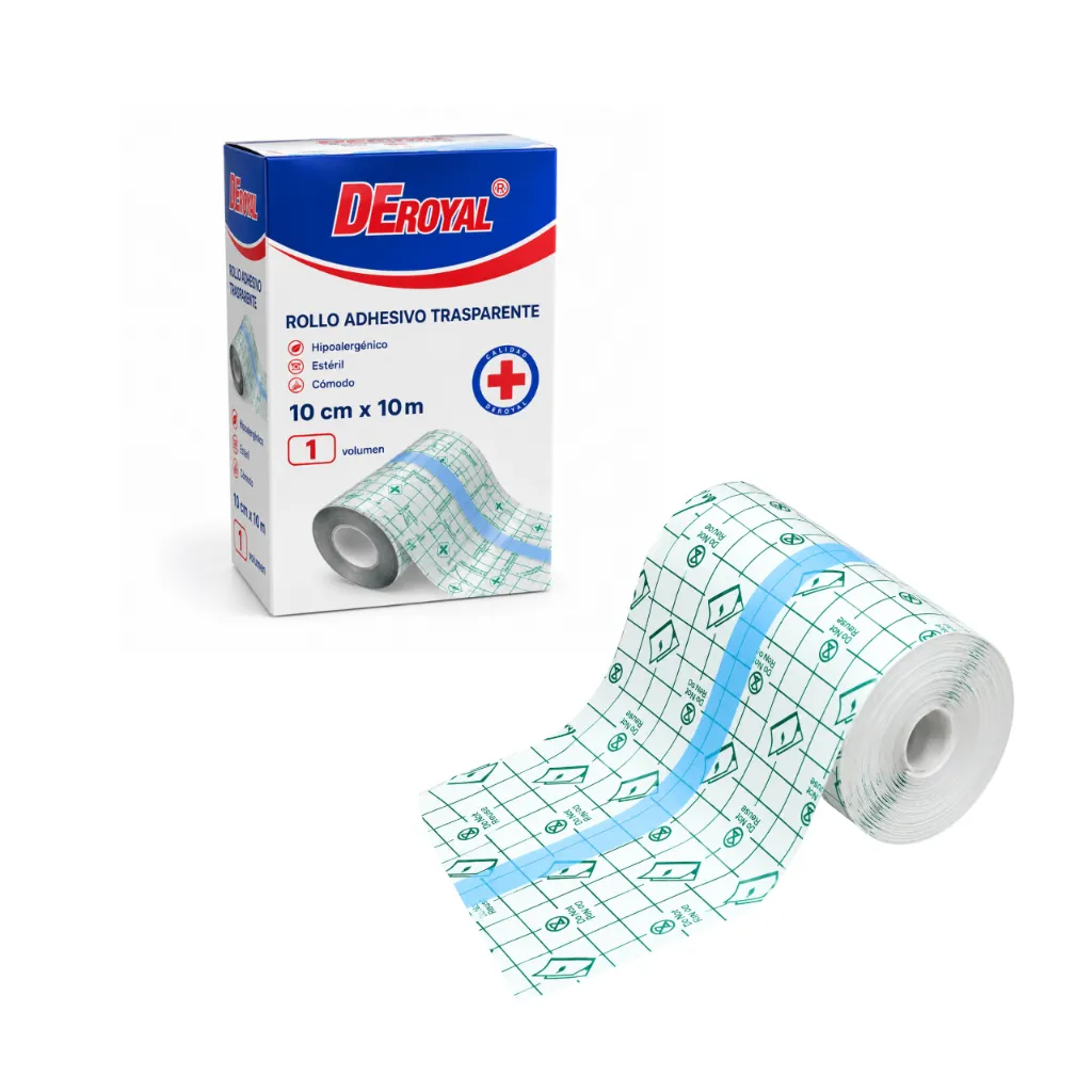 Parche Impermeable Transparente Rollo 10 cm x 10 m DeRoyal y caja.webp