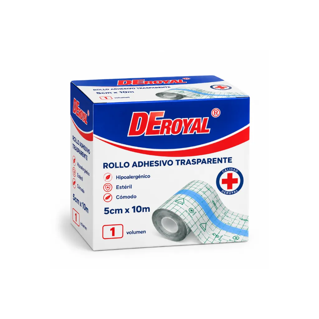 Parche Impermeable Transparente Rollo 5 cm x 10 m DeRoyal caja..webp