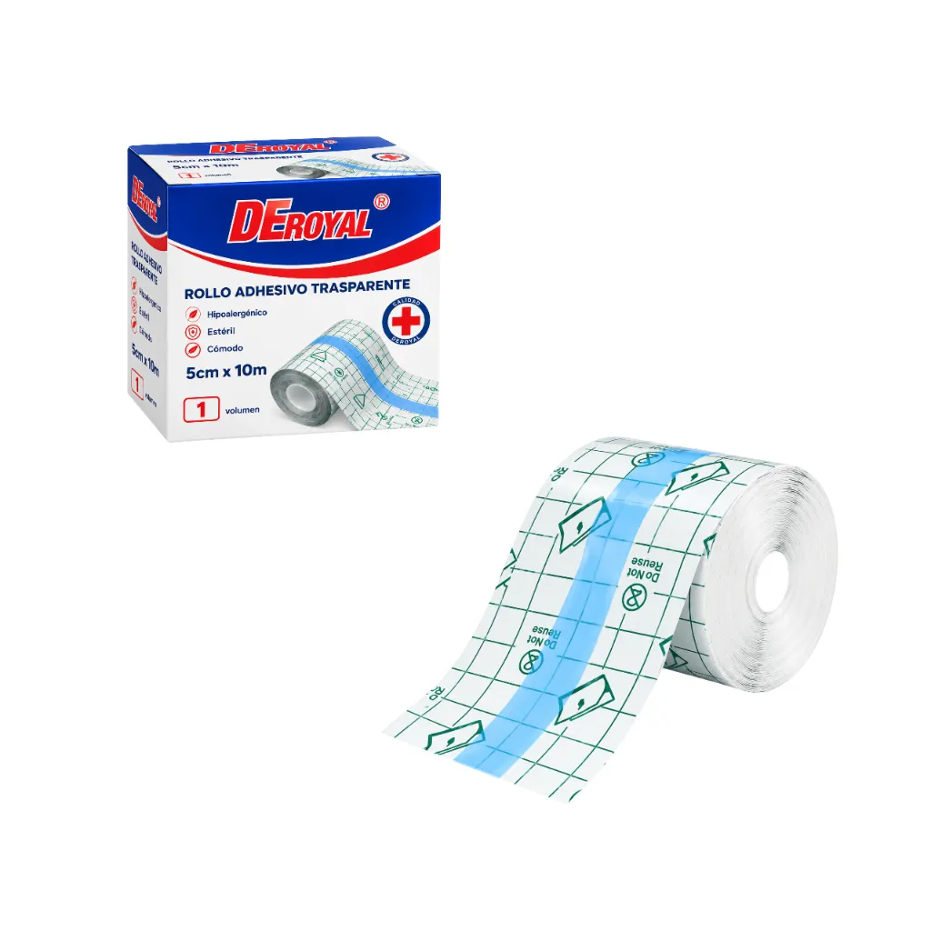 Parche Impermeable Transparente Rollo 5 cm x 10 m DeRoyal box.webp