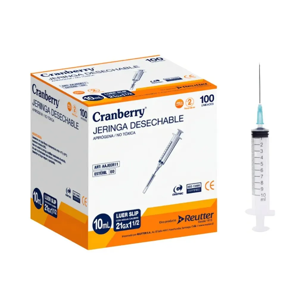 Jeringa Luer Slip 10 cc con Aguja 21G x 1 1/2 100 unidades Cranberry