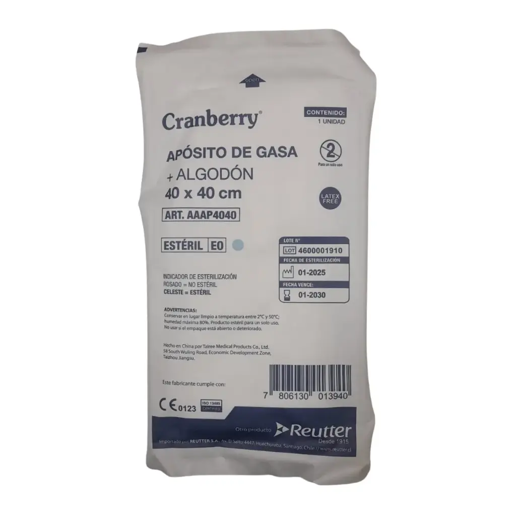 Apósito de Gasa + Algodón Estéril 40x40 cm Cranberry