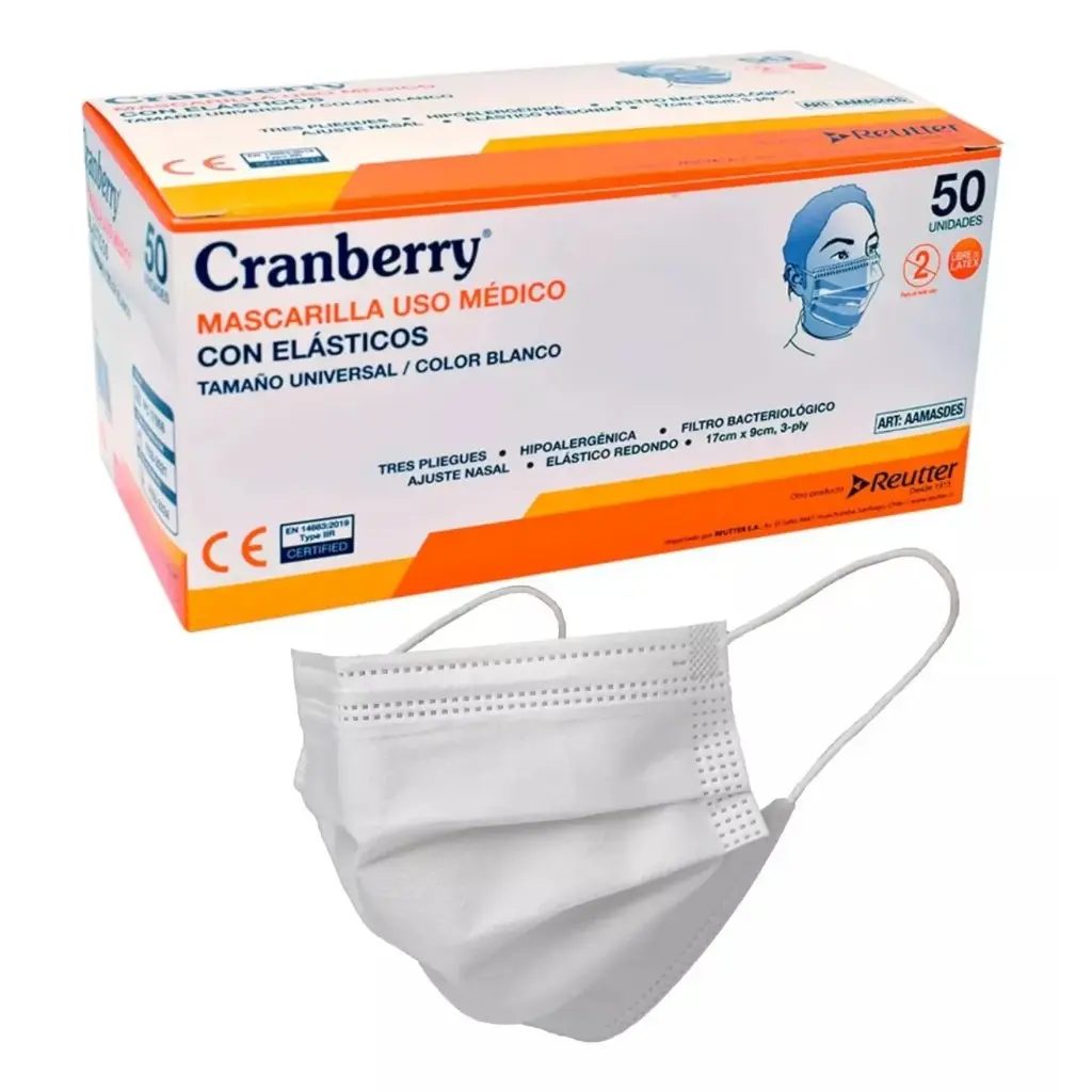 Mascarilla Blanca 3 Pliegues 50 unidades Cranberry