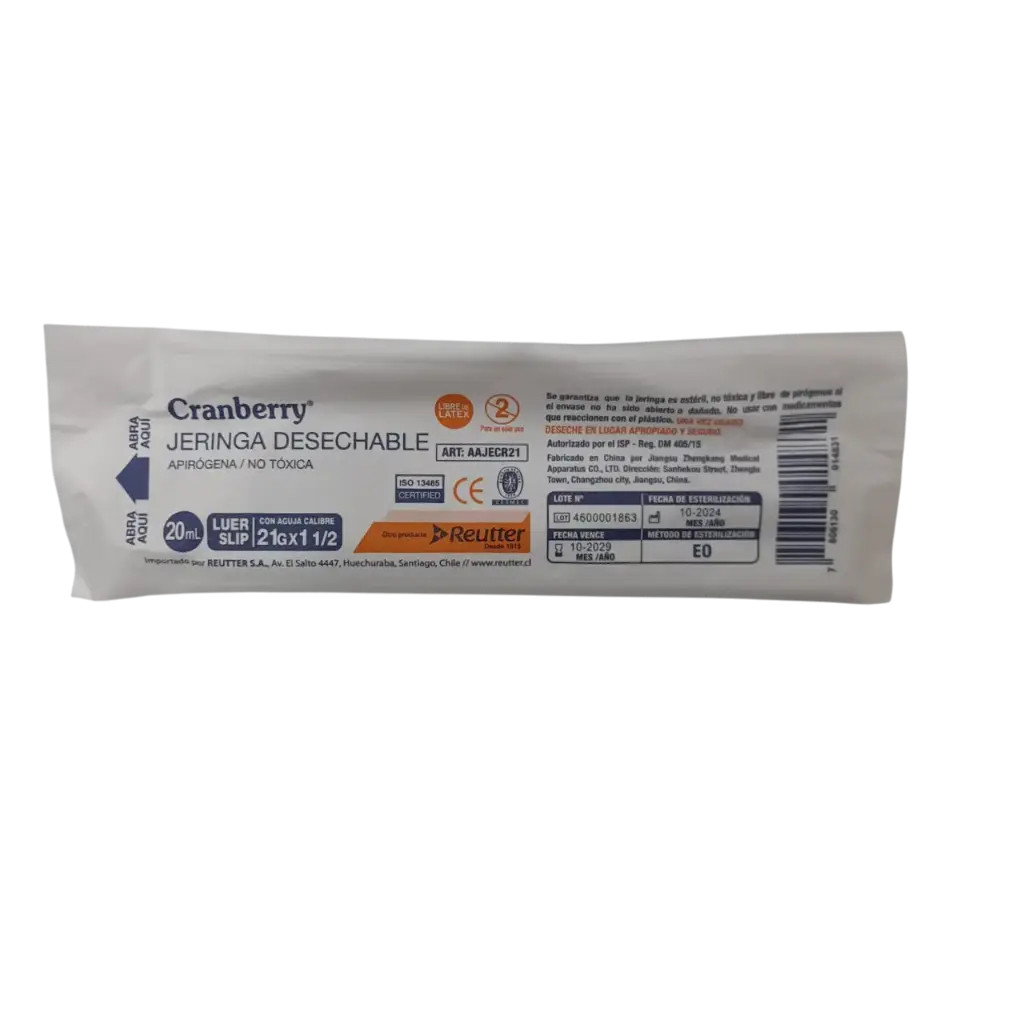 Jeringa Luer Slip 20 cc con Aguja 21G x 1 1/2 Cranberry