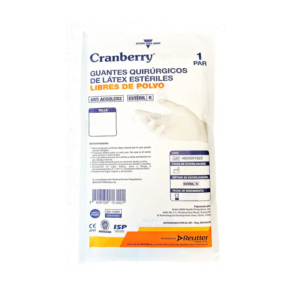 Guante Látex Quirúrgico Estéril sin Polvo Cranberry
