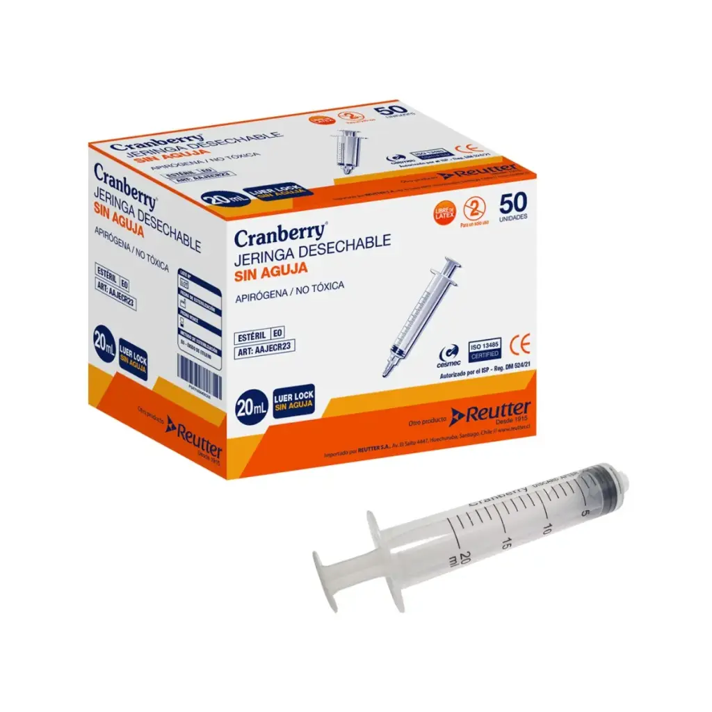 Jeringa Luer Lock 20 cc Sin Aguja 50 unidades Cranberry 