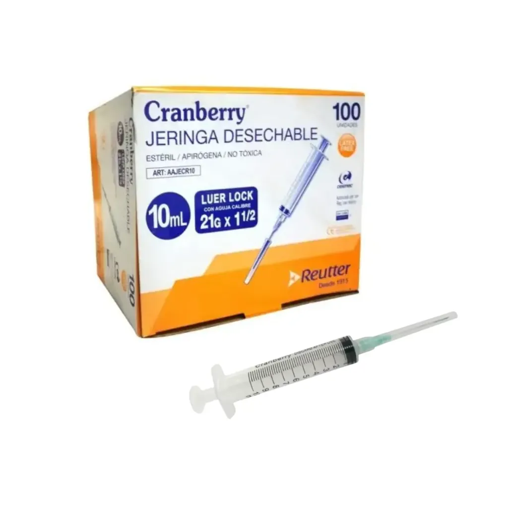 [AAJECR10] Jeringa Luer Lock 10 cc con Aguja 21G x 1 1/2 100 unidades Cranberry 
