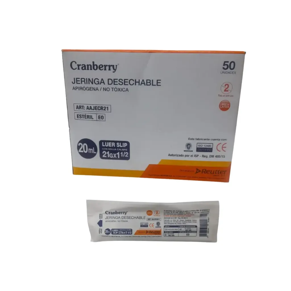 [AAJECR21] Jeringa Luer Slip 20 cc con Aguja 21G x 1 1/2 50 unidades Cranberry 