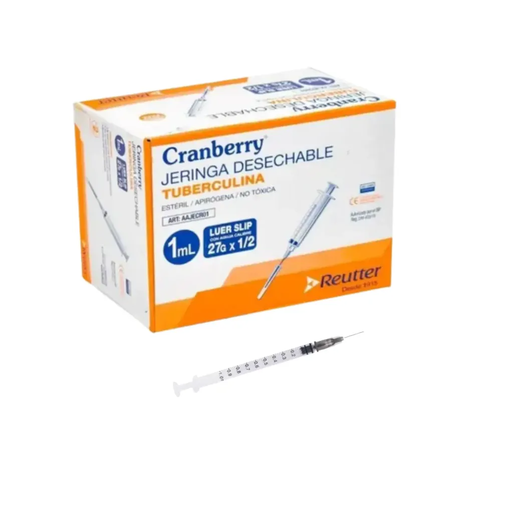 Jeringa Tuberculina 1 cc con Aguja 27G x 1/2 100 unidades Cranberry 