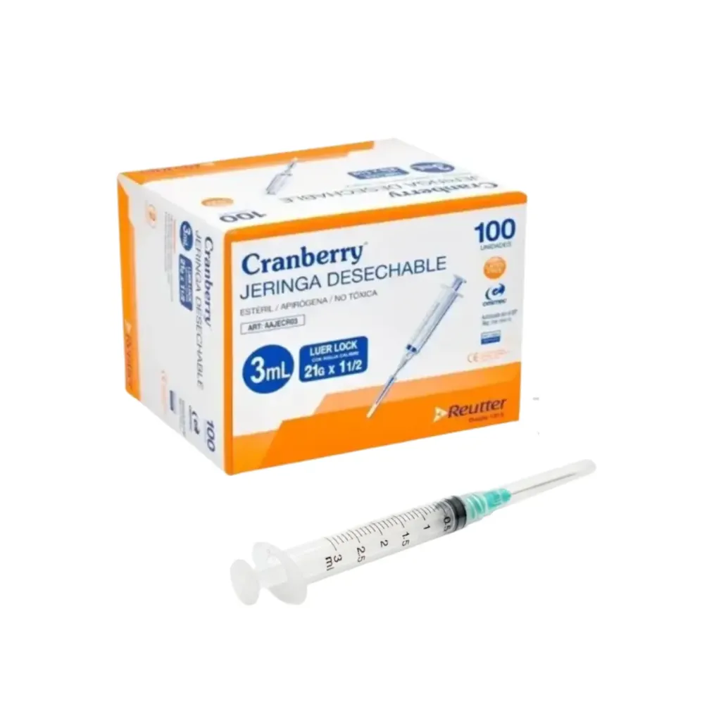 [AAJECR03] Jeringa Luer Lock 3 cc con Aguja 21G x 1 1/2 100 unidades Cranberry 