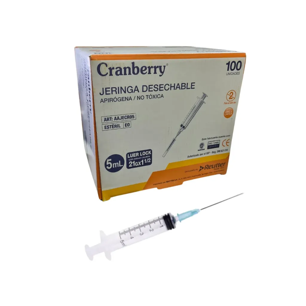 [AAJECR05] Jeringa Luer Lock 5 cc con Aguja 21G x 1 1/2 100 unidades Cranberry 