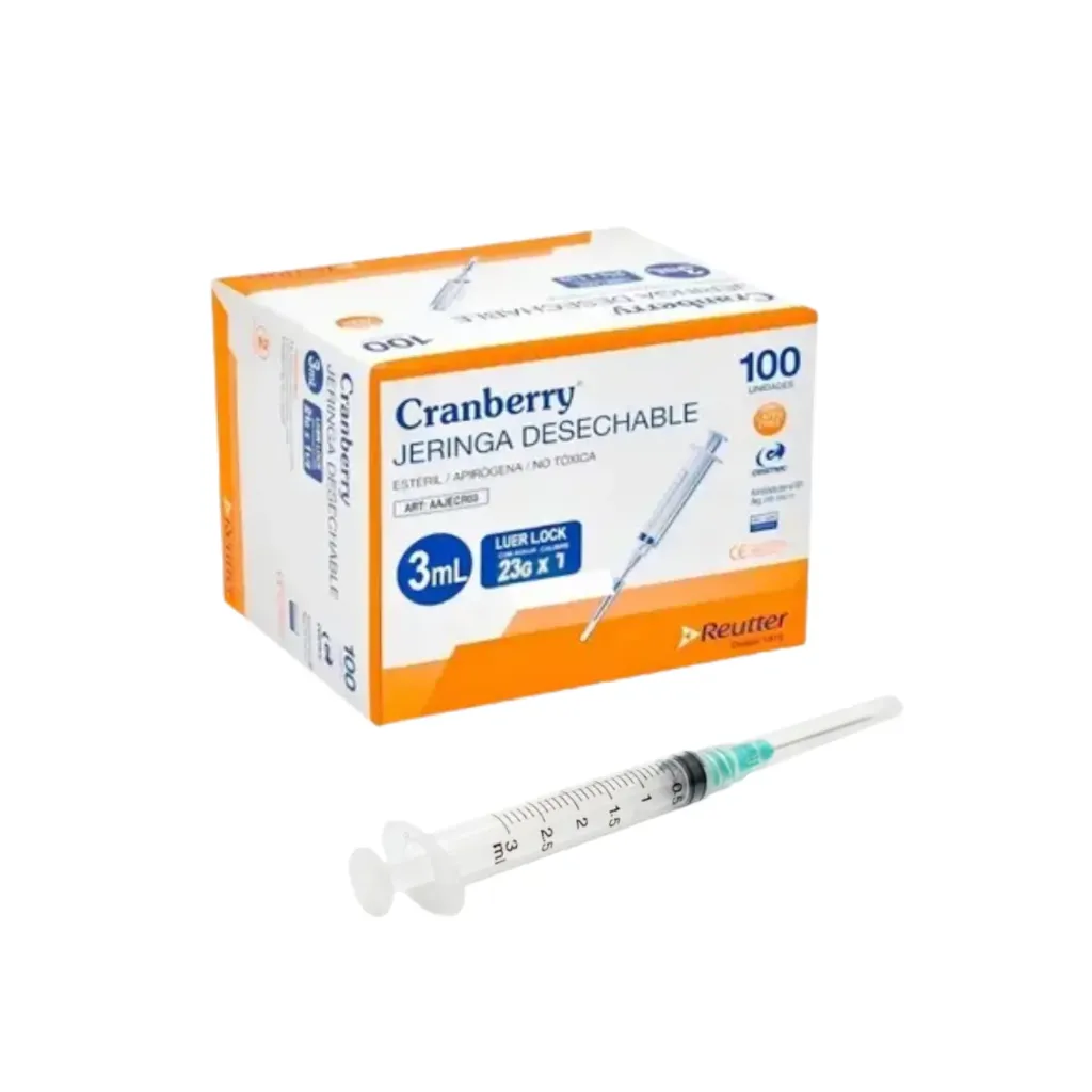 [AAJECR08] Jeringa Luer Lock 3 cc con Aguja 23G x 1 100 unidades Cranberry 