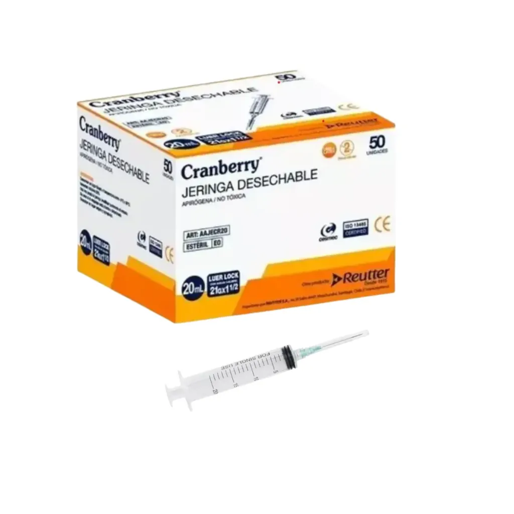 [AAJECR20] Jeringa Luer Lock 20 cc con Aguja 21G x 1 1/2 50 unidades Cranberry 
