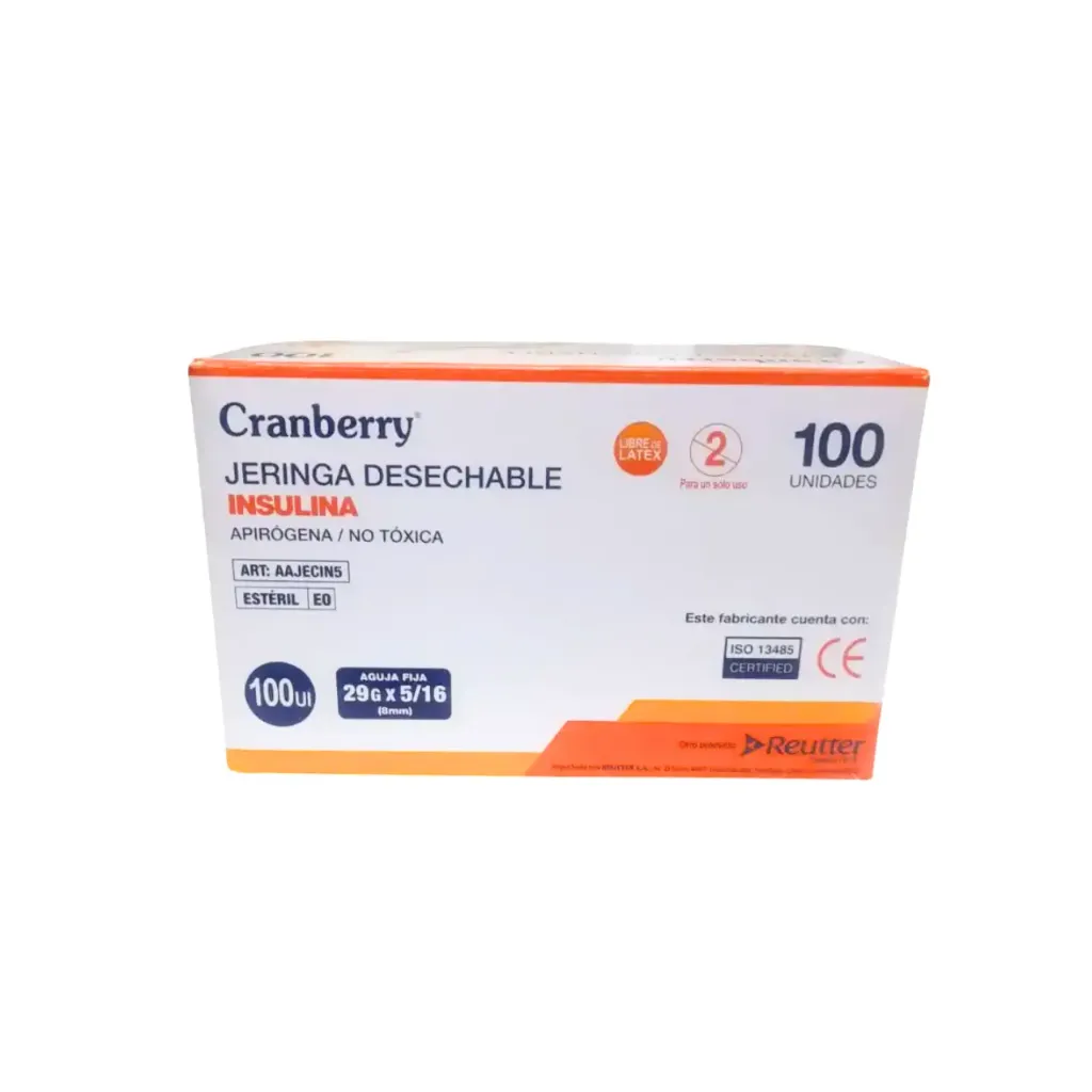 [AAJECIN5] Jeringa Insulina 100 UI 29G x 5/16 (8mm) 100 unidades Cranberry