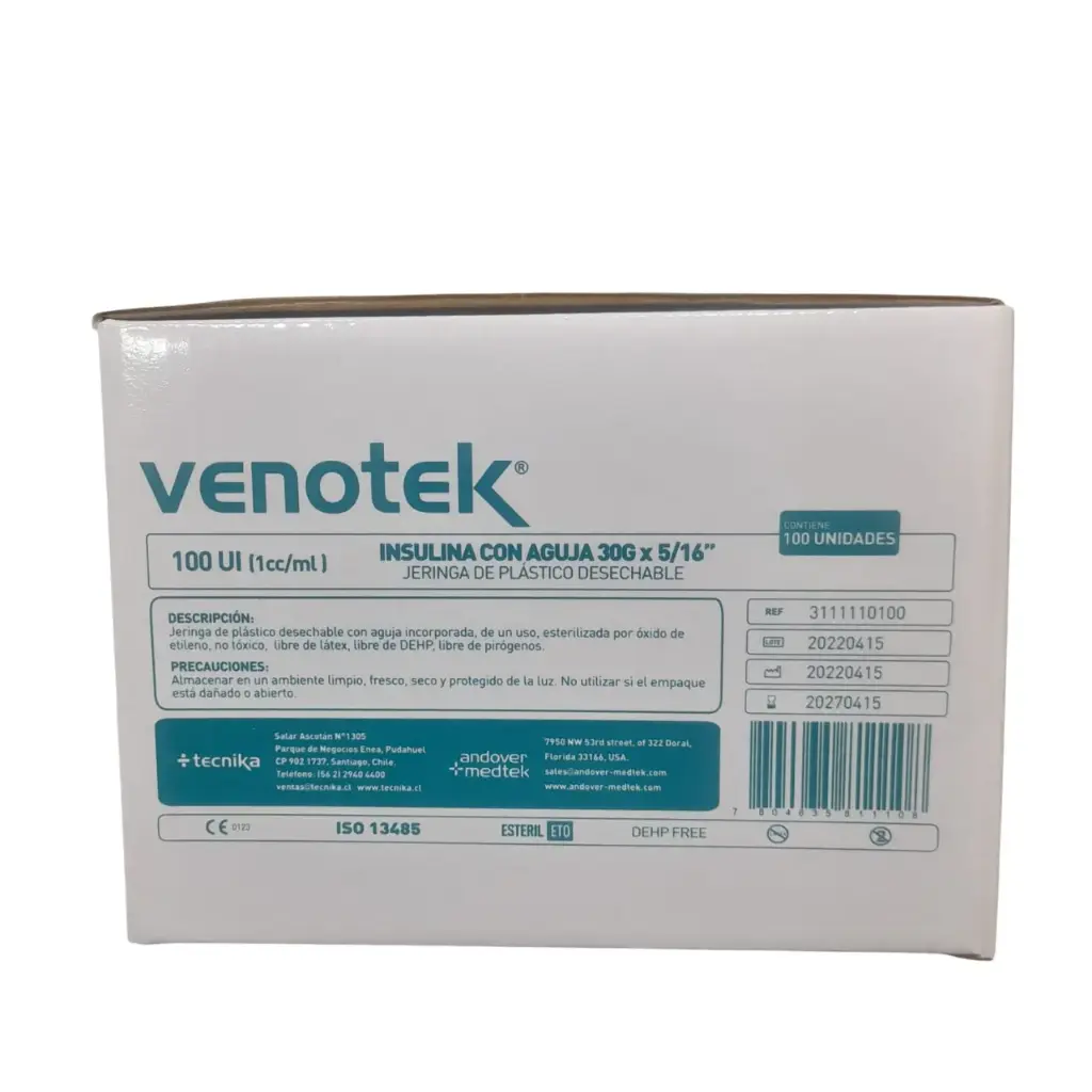 Jeringa Insulina 100 UI 30G x 5/16 100 unidades Venotek 